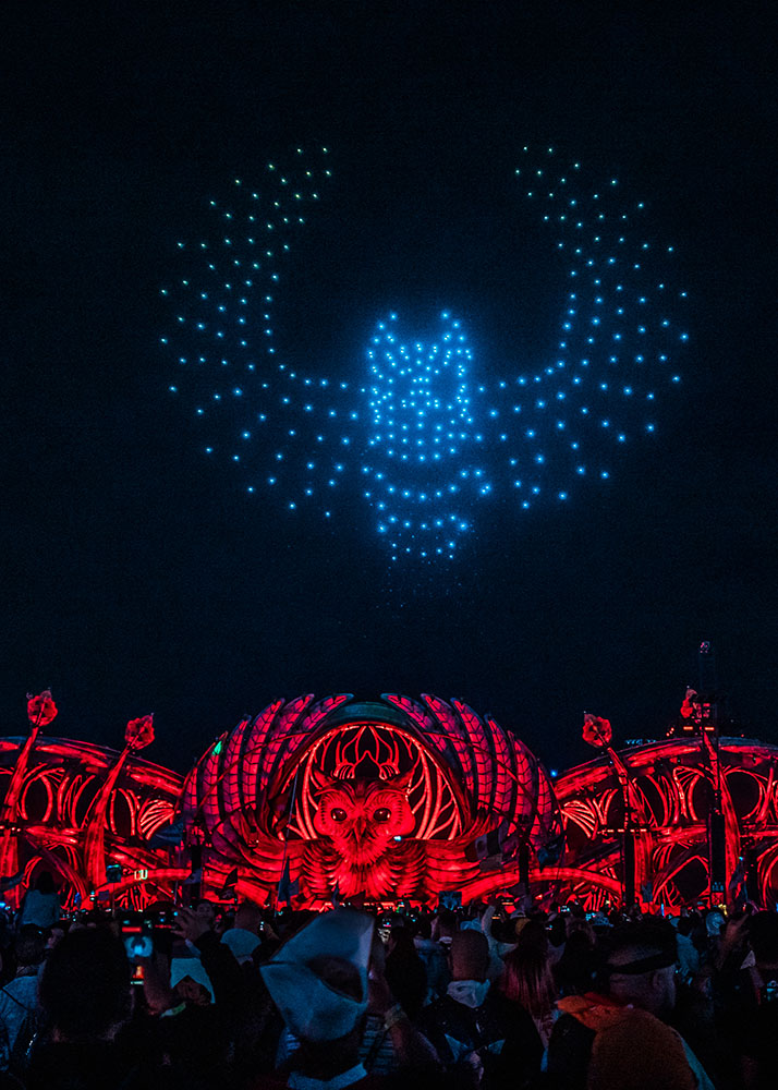 Colorful drone show at music festival